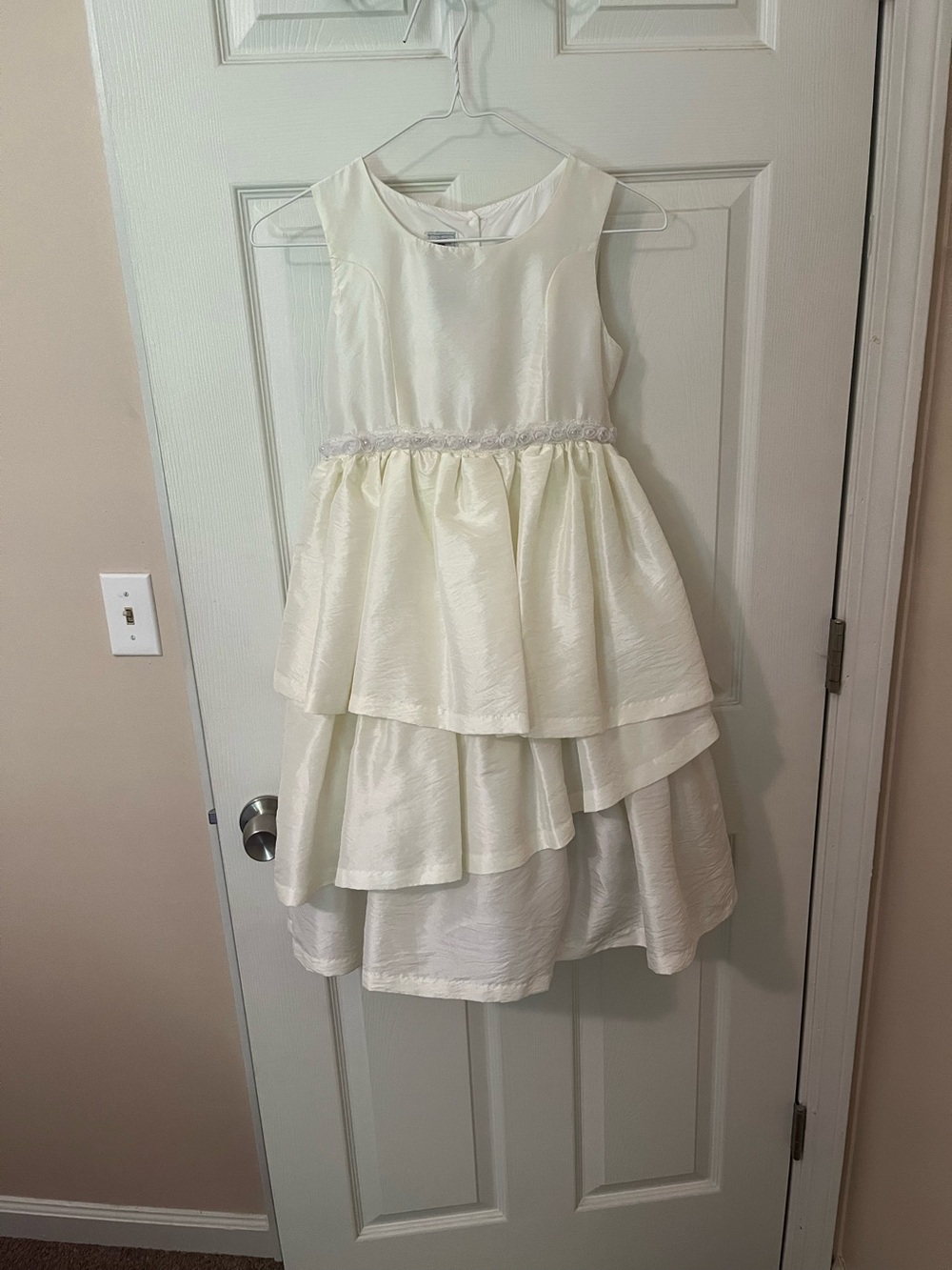Girls Ivory Tiered Party Dress with Waist Accent
